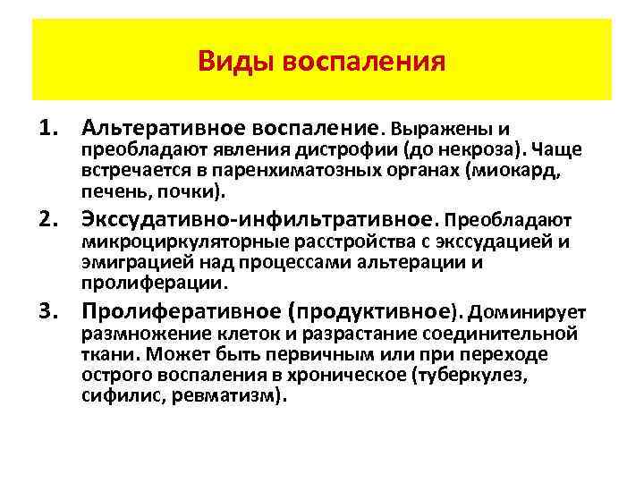 Виды воспаления 1. Альтеративное воспаление. Выражены и 2. 3. преобладают явления дистрофии (до некроза).