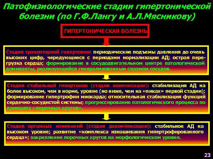 Патофизиологические стадии гипертонической болезни (по Г. Ф. Лангу и А. Л. Мясникову) ГИПЕРТОНИЧЕСКАЯ БОЛЕЗНЬ