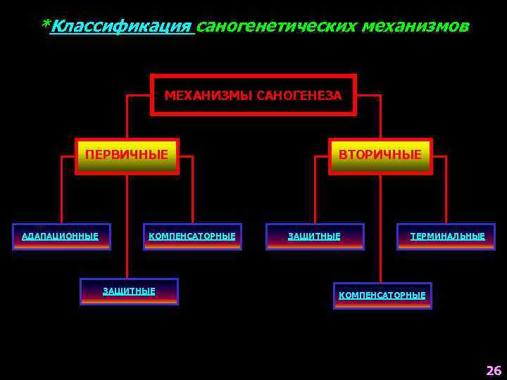 *Классификация саногенетических механизмов МЕХАНИЗМЫ САНОГЕНЕЗА ПЕРВИЧНЫЕ АДАПАЦИОННЫЕ КОМПЕНСАТОРНЫЕ ЗАЩИТНЫЕ ВТОРИЧНЫЕ ЗАЩИТНЫЕ ТЕРМИНАЛЬНЫЕ КОМПЕНСАТОРНЫЕ 26