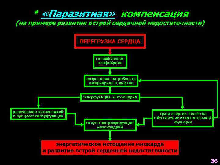 * «Паразитная» компенсация (на примере развития острой сердечной недостаточности) ПЕРЕГРУЗКА СЕРДЦА гиперфункция миофибрилл возрастание