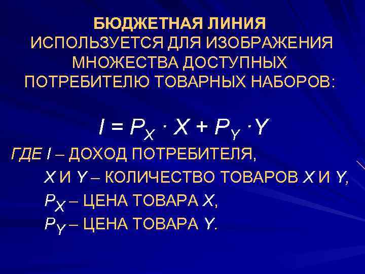 БЮДЖЕТНАЯ ЛИНИЯ ИСПОЛЬЗУЕТСЯ ДЛЯ ИЗОБРАЖЕНИЯ МНОЖЕСТВА ДОСТУПНЫХ ПОТРЕБИТЕЛЮ ТОВАРНЫХ НАБОРОВ: I = P X