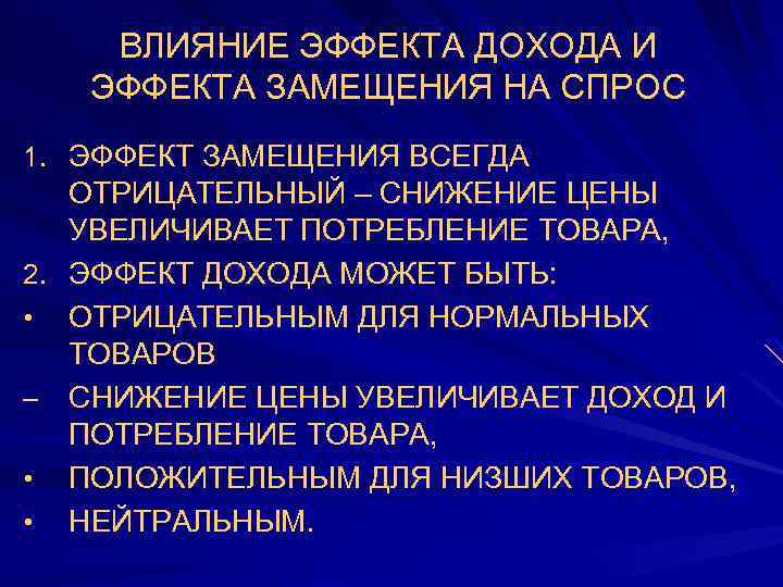 ВЛИЯНИЕ ЭФФЕКТА ДОХОДА И ЭФФЕКТА ЗАМЕЩЕНИЯ НА СПРОС 1. ЭФФЕКТ ЗАМЕЩЕНИЯ ВСЕГДА ОТРИЦАТЕЛЬНЫЙ –