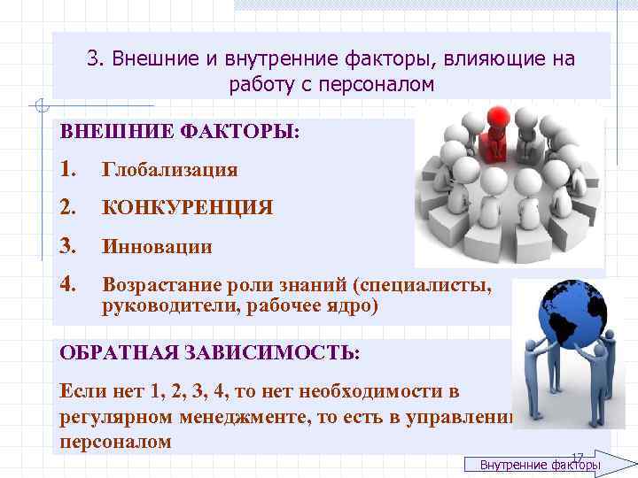 3. Внешние и внутренние факторы, влияющие на работу с персоналом ВНЕШНИЕ ФАКТОРЫ: 1. Глобализация