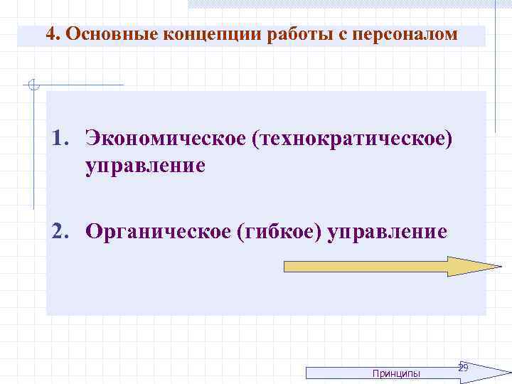 4. Основные концепции работы с персоналом 1. Экономическое (технократическое) управление 2. Органическое (гибкое) управление