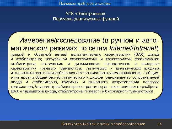 Примеры приборов и систем АПК «Электроника» . Перечень реализуемых функций Измерение/исследование (в ручном и