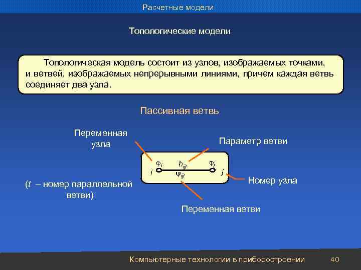 Расчетные модели Топологические модели Топологическая модель состоит из узлов, изображаемых точками, и ветвей, изображаемых