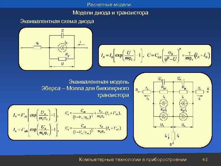 Расчетные модели Модели диода и транзистора Эквивалентная схема диода С IД rб I Ry