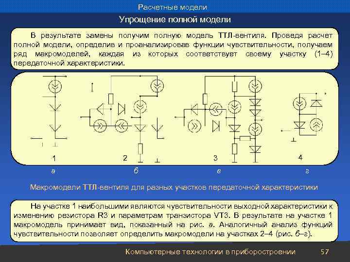 Расчетные модели Упрощение полной модели В результате замены получим полную модель ТТЛ-вентиля. Проведя расчет