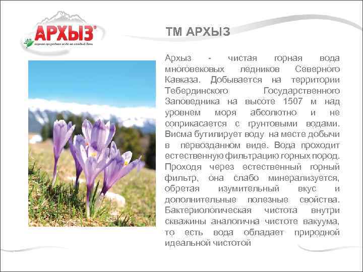 ТМ АРХЫЗ Архыз - чистая горная вода многовековых ледников Северного Кавказа. Добывается на территории