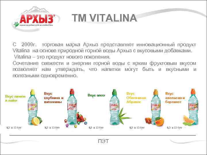 ТМ VITALINA С 2009 г. торговая марка Архыз представляет инновационный продукт Vitalina на основе