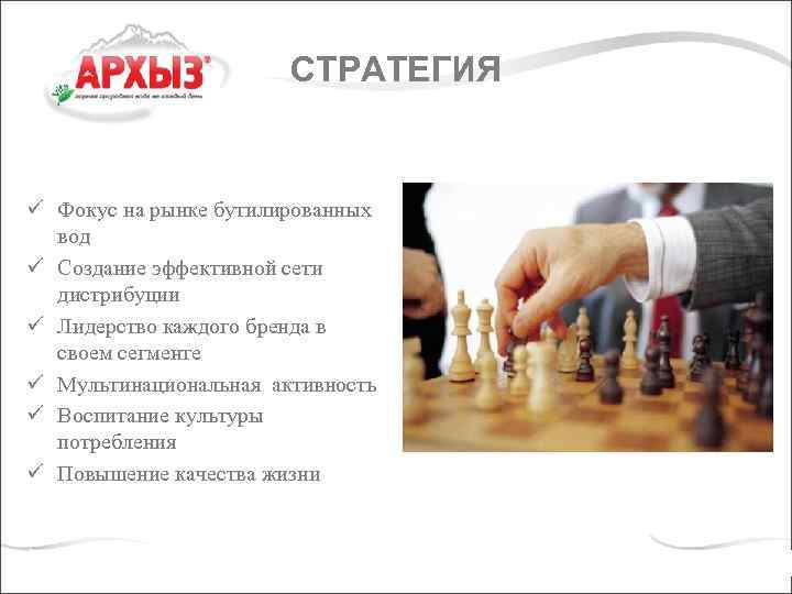СТРАТЕГИЯ ü Фокус на рынке бутилированных вод ü Создание эффективной сети дистрибуции ü Лидерство