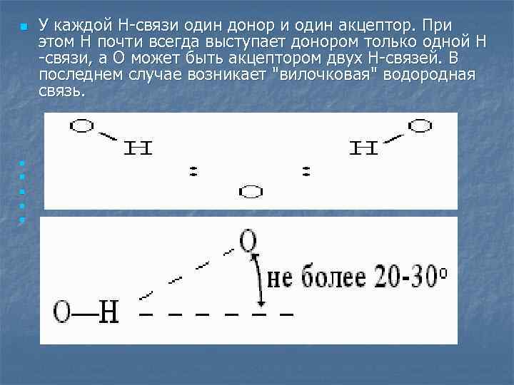 n n n У каждой Н-связи один донор и один акцептор. При этом Н