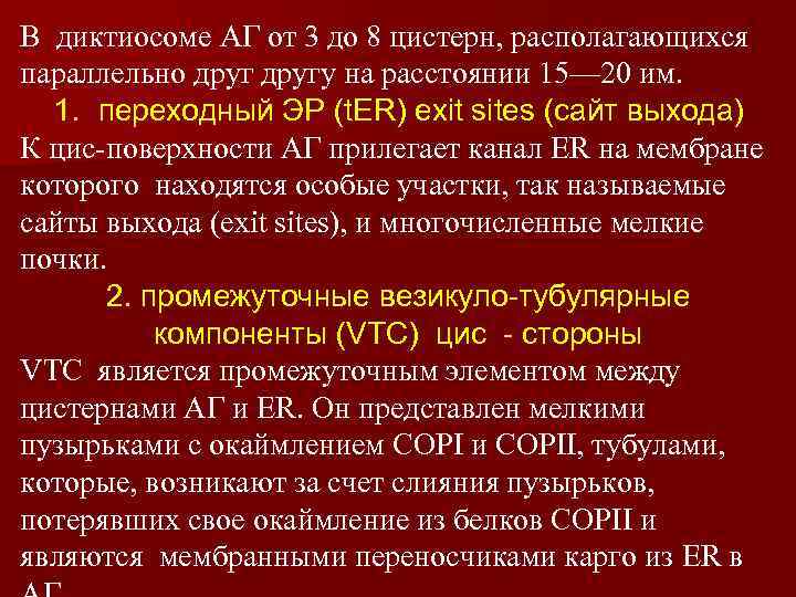 В диктиосоме АГ от 3 до 8 цистерн, располагающихся параллельно другу на расстоянии 15—