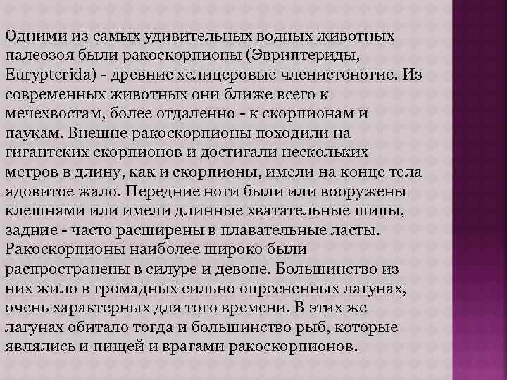 Одними из самых удивительных водных животных палеозоя были ракоскорпионы (Эвриптериды, Eurypterida) - древние хелицеровые