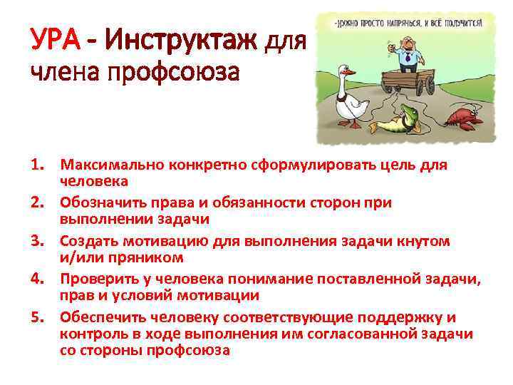 УРА - Инструктаж для члена профсоюза 1. Максимально конкретно сформулировать цель для человека 2.