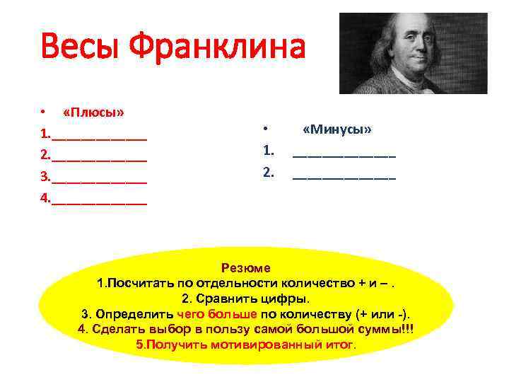 Весы Франклина • «Плюсы» 1. _______ 2. _______ 3. _______ 4. _______ • 1.