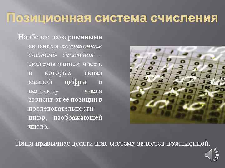 Позиционная система счисления Наиболее совершенными являются позиционные системы счисления – системы записи чисел, в