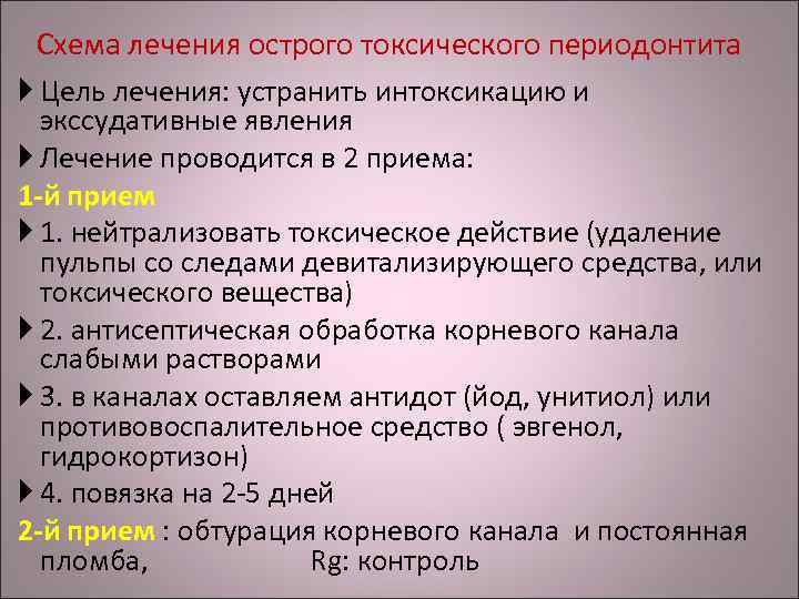 Схема лечения острого токсического периодонтита Цель лечения: устранить интоксикацию и экссудативные явления Лечение проводится