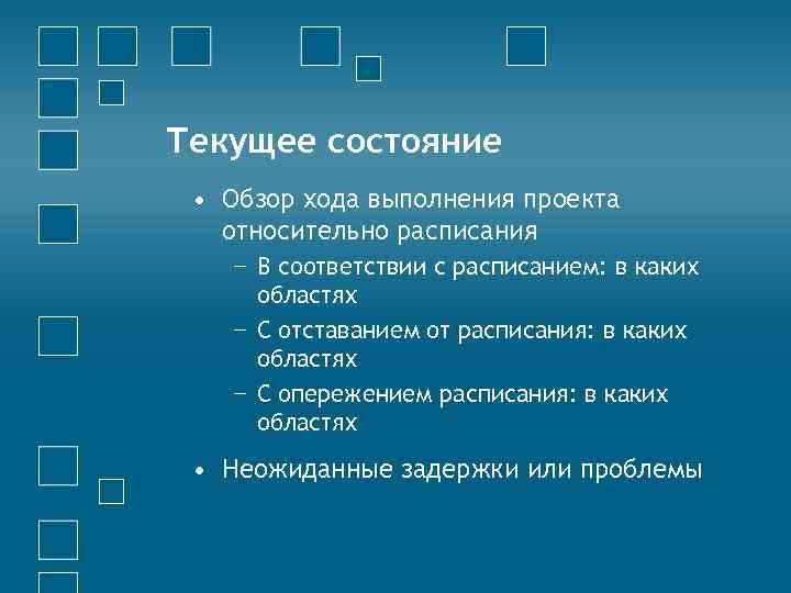 Текущее состояние • Обзор хода выполнения проекта относительно расписания − В соответствии с расписанием: