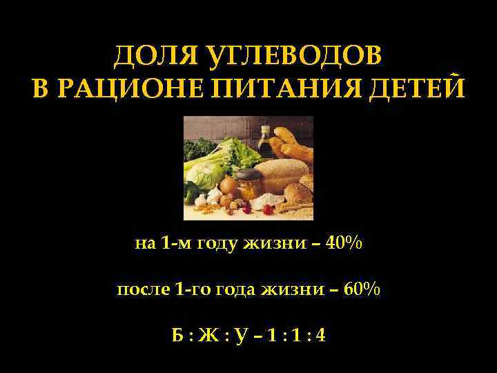 ДОЛЯ УГЛЕВОДОВ В РАЦИОНЕ ПИТАНИЯ ДЕТЕЙ на 1 -м году жизни – 40% после