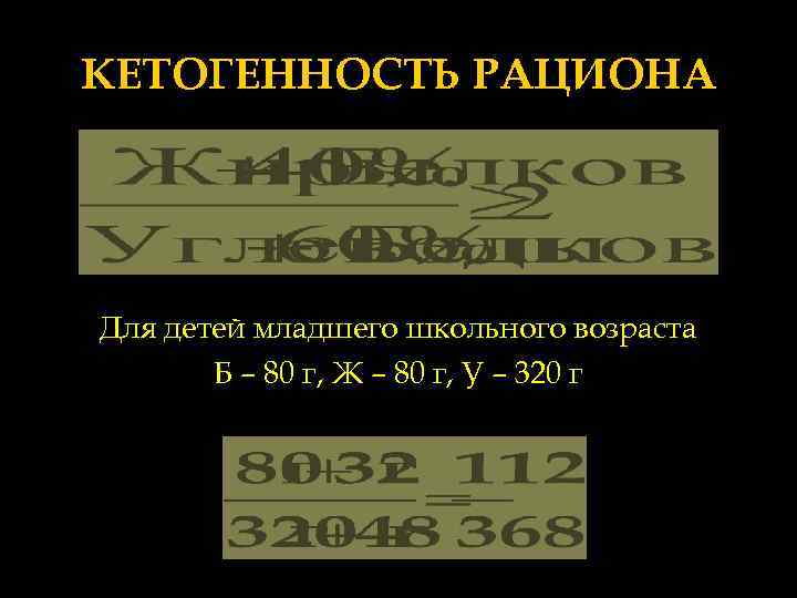КЕТОГЕННОСТЬ РАЦИОНА Для детей младшего школьного возраста Б – 80 г, Ж – 80