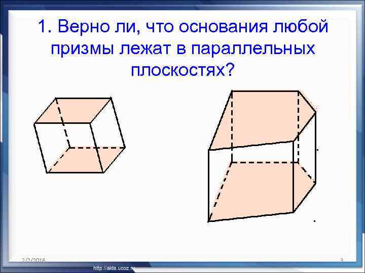 1. Верно ли, что основания любой призмы лежат в параллельных плоскостях? 2/2/2018 3 