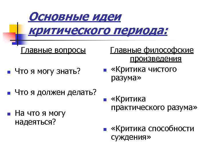 Основные идеи критического периода: Главные вопросы n Что я могу знать? n Что я