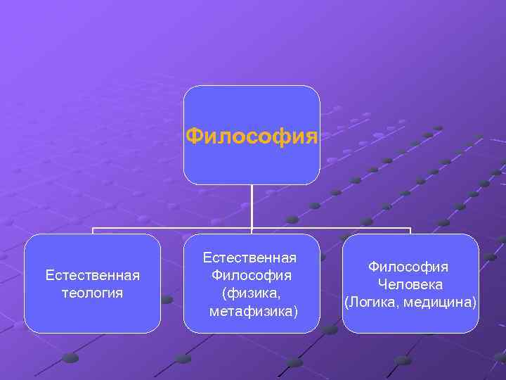 Философия Естественная теология Естественная Философия (физика, метафизика) Философия Человека (Логика, медицина) 