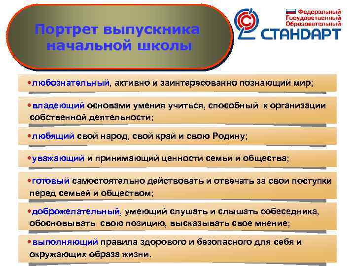 Портрет выпускника начальной школы любознательный, активно и заинтересованно познающий мир; владеющий основами умения учиться,