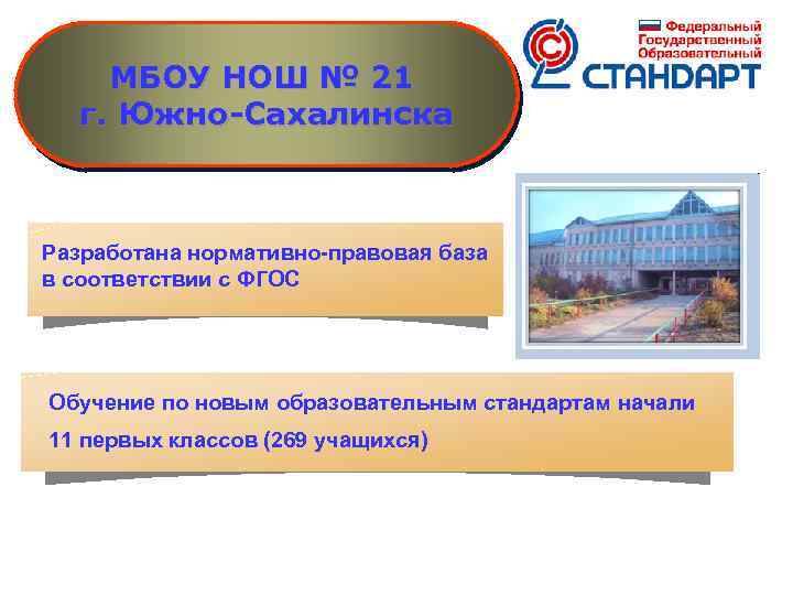 МБОУ НОШ № 21 г. Южно-Сахалинска Разработана нормативно-правовая база в соответствии с ФГОС Обучение