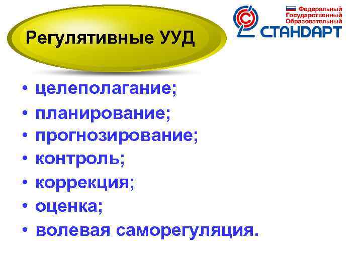 Регулятивные УУД • • целеполагание; планирование; прогнозирование; контроль; коррекция; оценка; волевая саморегуляция. 