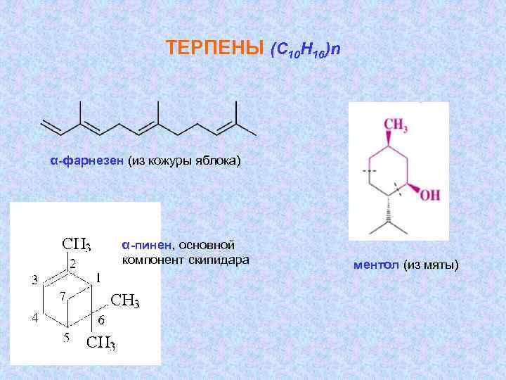 ТЕРПЕНЫ (C 10 H 16)n α-фарнезен (из кожуры яблока) α-пинен, основной компонент скипидара ментол