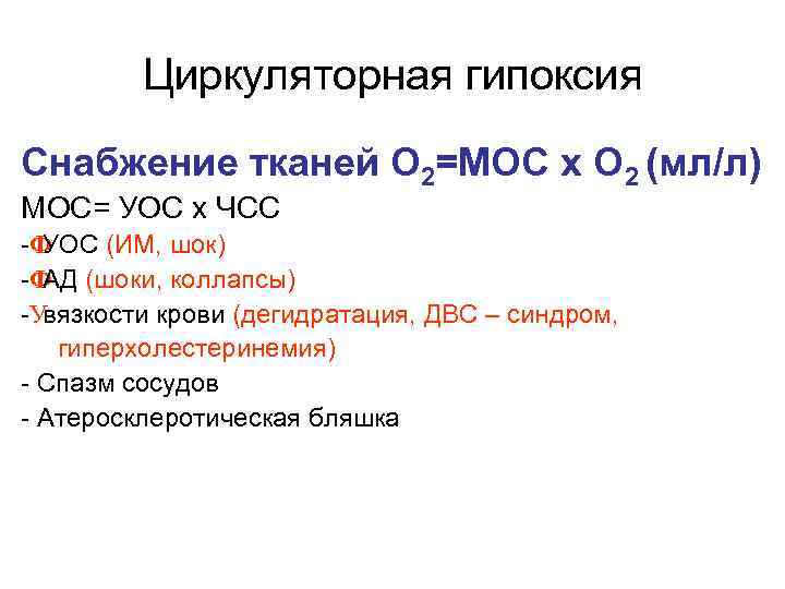 Циркуляторная гипоксия Снабжение тканей О 2=MOС x O 2 (мл/л) MOС= УОС х ЧСС