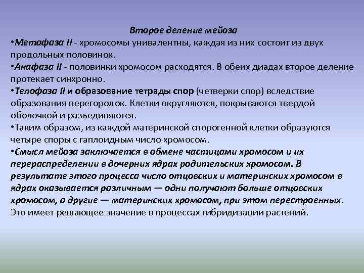 Второе деление мейоза • Метафаза II - хромосомы унивалентны, каждая из них состоит из