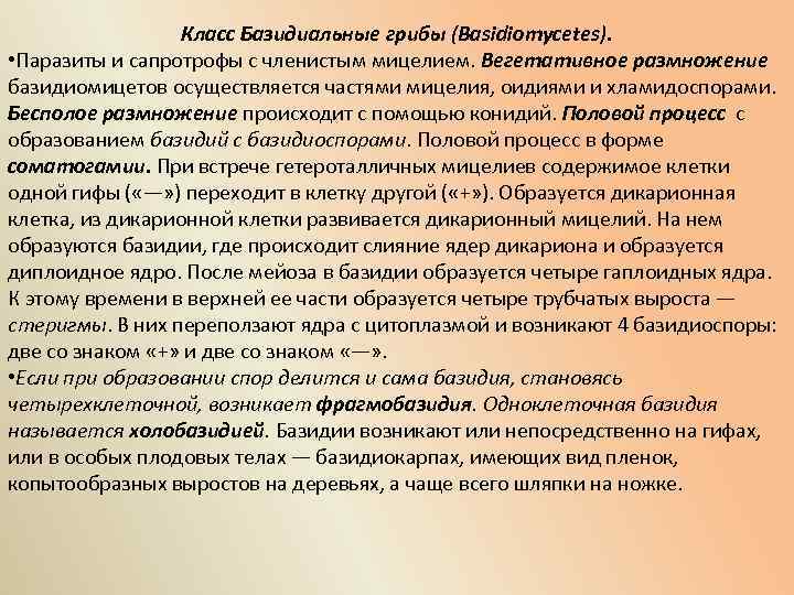 Класс Базидиальные грибы (Basidiomycetes). • Паразиты и сапротрофы с членистым мицелием. Вегетативное размножение базидиомицетов