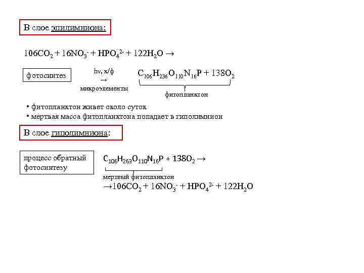 В слое эпилимниона: 106 CO 2 + 16 NO 3 - + HPO 42