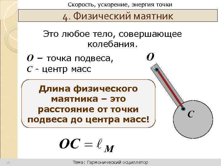 Динамика поступательного движения Скорость, ускорение, энергия точки 4. Физический маятник Это любое тело, совершающее