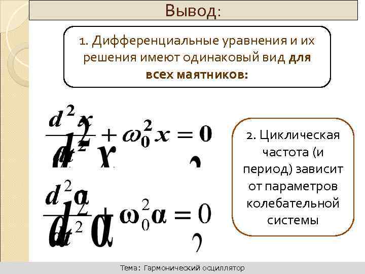 Вывод: Динамика поступательного движения Физический маятник 1. Дифференциальные уравнения и их решения имеют одинаковый