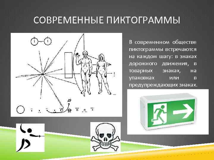 СОВРЕМЕННЫЕ ПИКТОГРАММЫ В современном обществе пиктограммы встречаются на каждом шагу: в знаках дорожного движения,