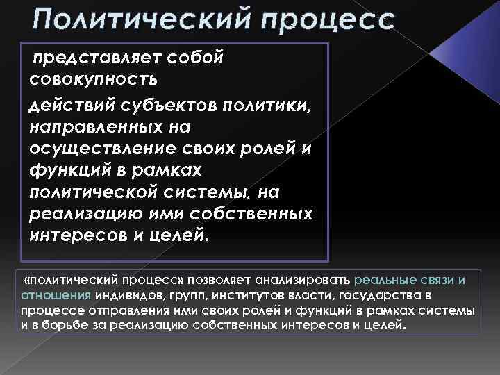Политический процесс представляет собой совокупность действий субъектов политики, направленных на осуществление своих ролей и