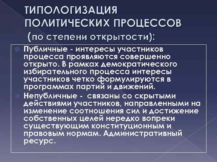 ТИПОЛОГИЗАЦИЯ ПОЛИТИЧЕСКИХ ПРОЦЕССОВ (по степени открытости): Публичные - интересы участников процесса проявляются совершенно открыто.