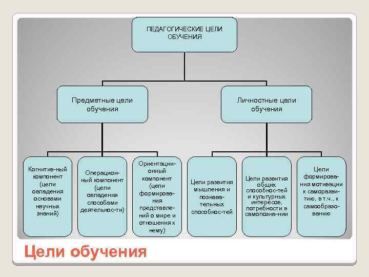 ПЕДАГОГИЧЕСКИЕ ЦЕЛИ ОБУЧЕНИЯ Предметные цели обучения Когнитив-ный компонент (цели овладения основами научных знаний) Операционный