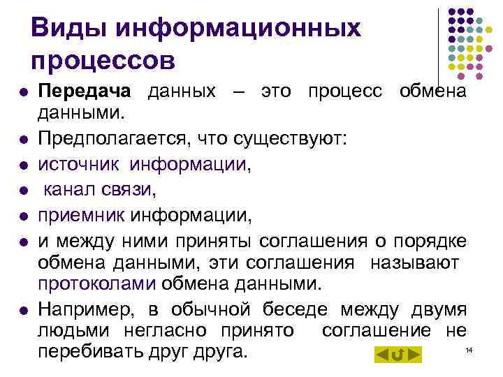Виды информационных процессов l Передача данных – это процесс обмена данными. Виды информационных процессов l Передача данных – это процесс обмена данными.