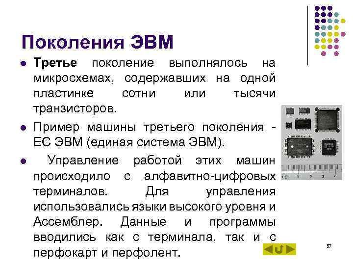 Поколения ЭВМ l Третье поколение выполнялось на микросхемах, содержавших на одной пластинке сотни Поколения ЭВМ l Третье поколение выполнялось на микросхемах, содержавших на одной пластинке сотни