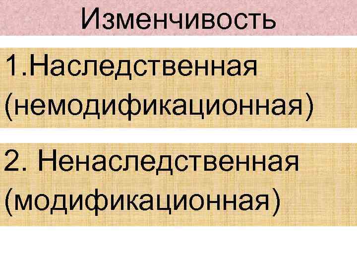 Изменчивость 1. Наследственная (немодификационная) 2. Ненаследственная (модификационная) 
