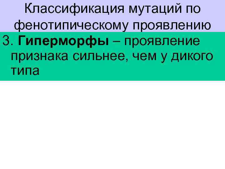 Классификация мутаций по фенотипическому проявлению 3. Гиперморфы – проявление признака сильнее, чем у дикого