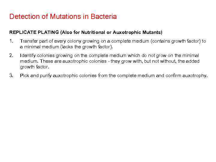 Detection of Mutations in Bacteria REPLICATE PLATING (Also for Nutritional or Auxotrophic Mutants) 1.