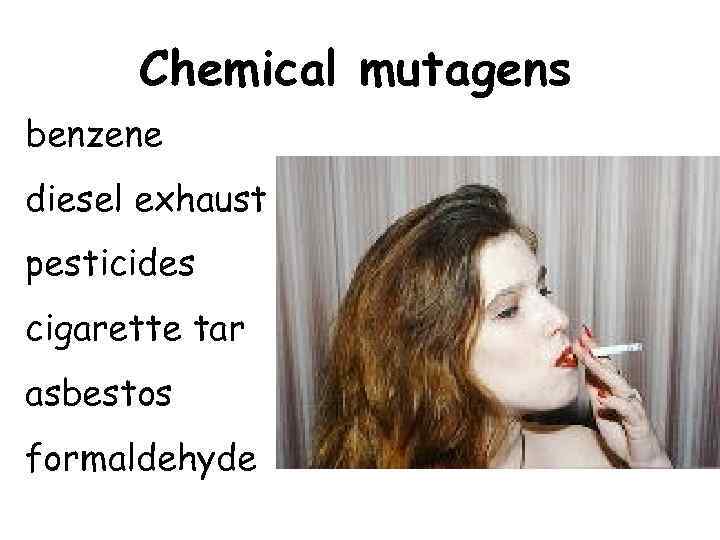 Chemical mutagens benzene diesel exhaust pesticides cigarette tar asbestos formaldehyde 