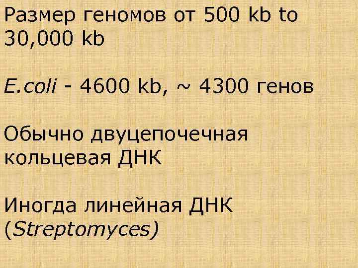 Размер геномов от 500 kb to 30, 000 kb E. coli - 4600 kb,