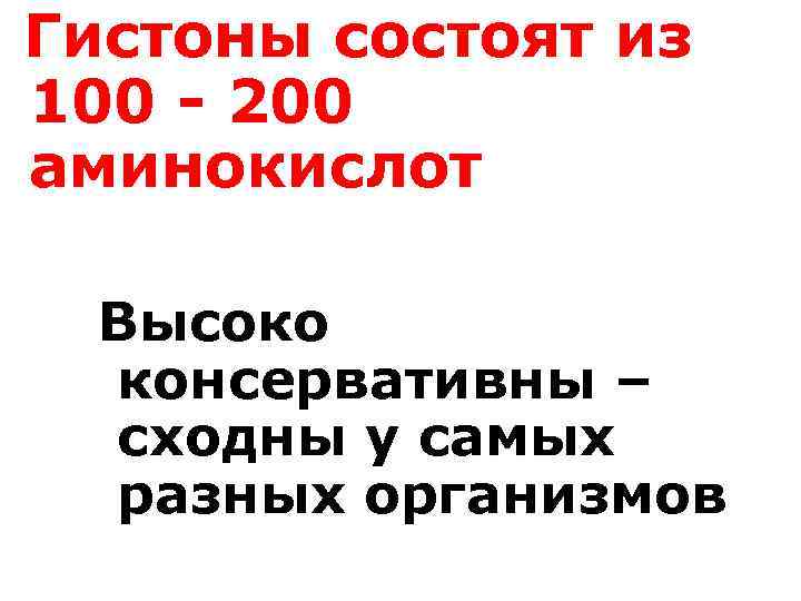 Гистоны состоят из 100 - 200 аминокислот Высоко консервативны – сходны у самых разных